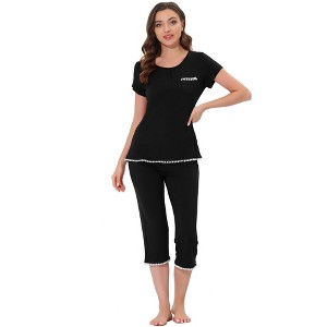 cheibear Women's Round Neck Loungewear with Capri Pants Pajama Set - 1 of 4