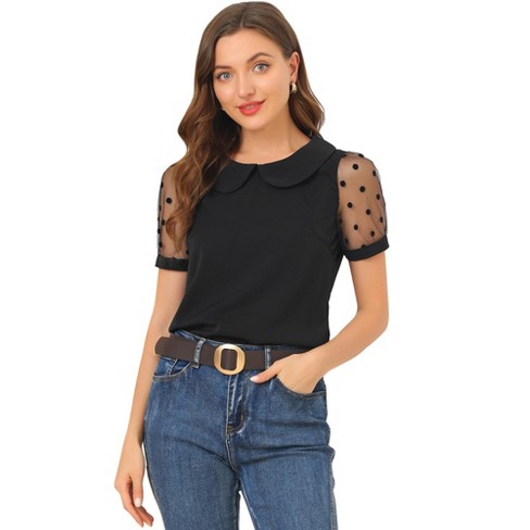 Allegra K Women's Polka Dots Mesh Panel Blouse Semi Sheer Shirt Black  X-Small