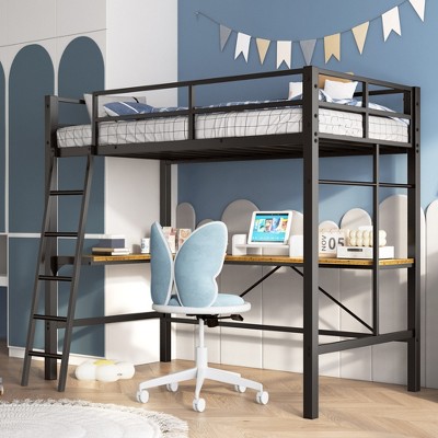 ONWITH Twin Metal Loft Bed with L-Shaped Desk, Charging Station Loft Bed Frame Twin Size
