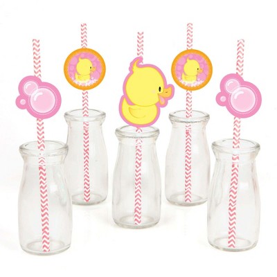 Big Dot of Happiness Pink Ducky Duck Paper Straw Decor - Girl Baby Shower or Birthday Party Striped Decorative Straws - Set of 24