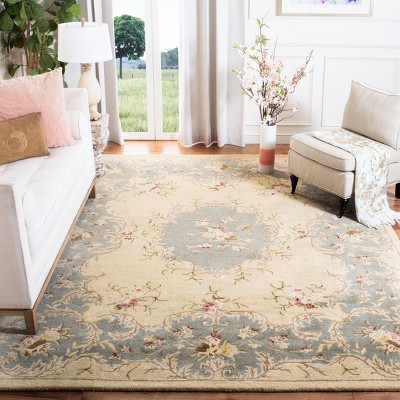 Ivory and Light Blue Hand-Tufted Wool Round Rug, 8' x 10'