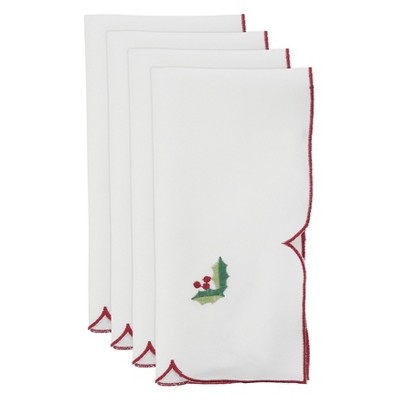 Ivory Embroidered Christmas Napkins with Holly Design, Set of 4
