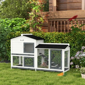 LAOTIES 62" Wooden Rabbit Hutch with Run Area,Outdoor Small Animal Enclosure with Tray,Ramp,Lockable Doors,Asphalt Roof - 1 of 4