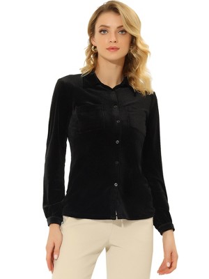 INSPIRE CHIC Women's Pocket Front Velvet Long Sleeve Casual Button Down Shirt