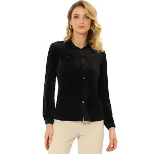 INSPIRE CHIC Women's Pocket Front Velvet Long Sleeve Casual Button Down Shirt - 1 of 4