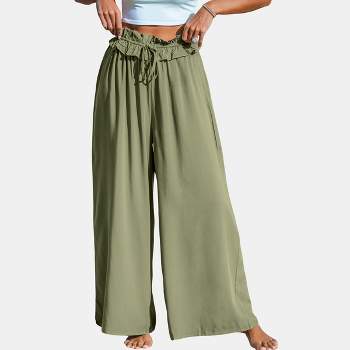 Women's Olive Paperbag Wide Leg Pants - Cupshe