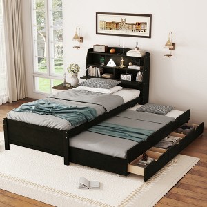 Twin/Full Size Wooden LED Platform Bed with Trundle, Storage Headboard and Drawers 4L - ModernLuxe - 1 of 4