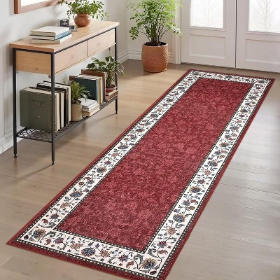Washable Floral Kitchen Rug, Non-Slip, Low Pile Geometric Bordered Mat for Hallway, Bathroom, Entryway, Soft Non-Shed