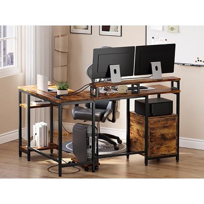 L-Shaped Desk - Home Office Computer Desk with Filing Cabinet, Corner Desk for Playing, Working, Writing and Studying, Space Saving