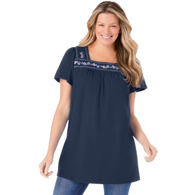 Woman Within Plus Size Embroidered Square Neck Tunic
