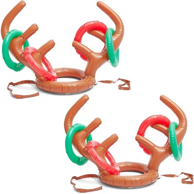 Blue Panda Christmas Inflatable Reindeer Antler Ring Toss Game, Includes 2 Hats & 24 Rings for Holiday Party Supplies