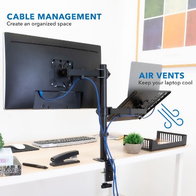 Adjustable Black Dual Laptop and Monitor Desk Mount with Ventilated Tray