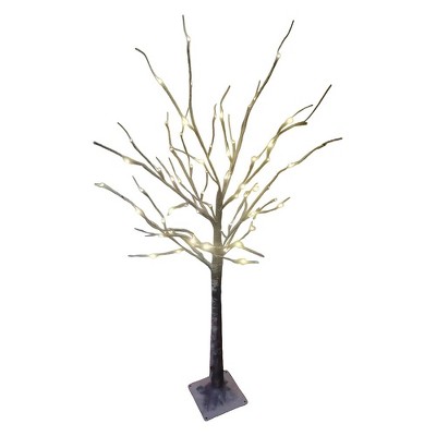 Season's Designs 4Ft Snowy Bark Branch Tree with Base Christmas Decor with 72 LED Warm White Flashing Lights for Indoor or Outdoor Use