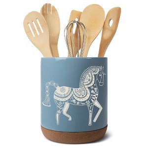 Elanze Designs Kitchen Utensil Holder With Non Slip Cork Base Large 8 Inch Ceramic Storage Crock Animal Countertop Organizer Floral Folk Horse Sky - 1 of 4