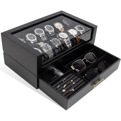 High End Watch Box for Men, 12 Slot Wooden Watch Case With Drawer, Watch Display Box with Glass Lid