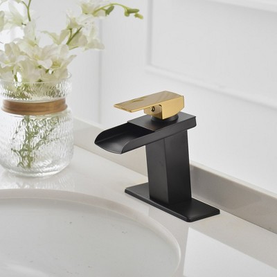 Matte Black and Gold Single-Handle Waterfall Bathroom Faucet