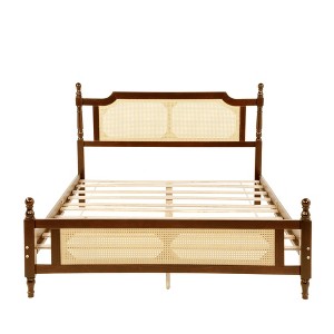 YOOCOZZ Queen Size Pine Wooden Bed with Rattan Headboard and Footboard - 1 of 4