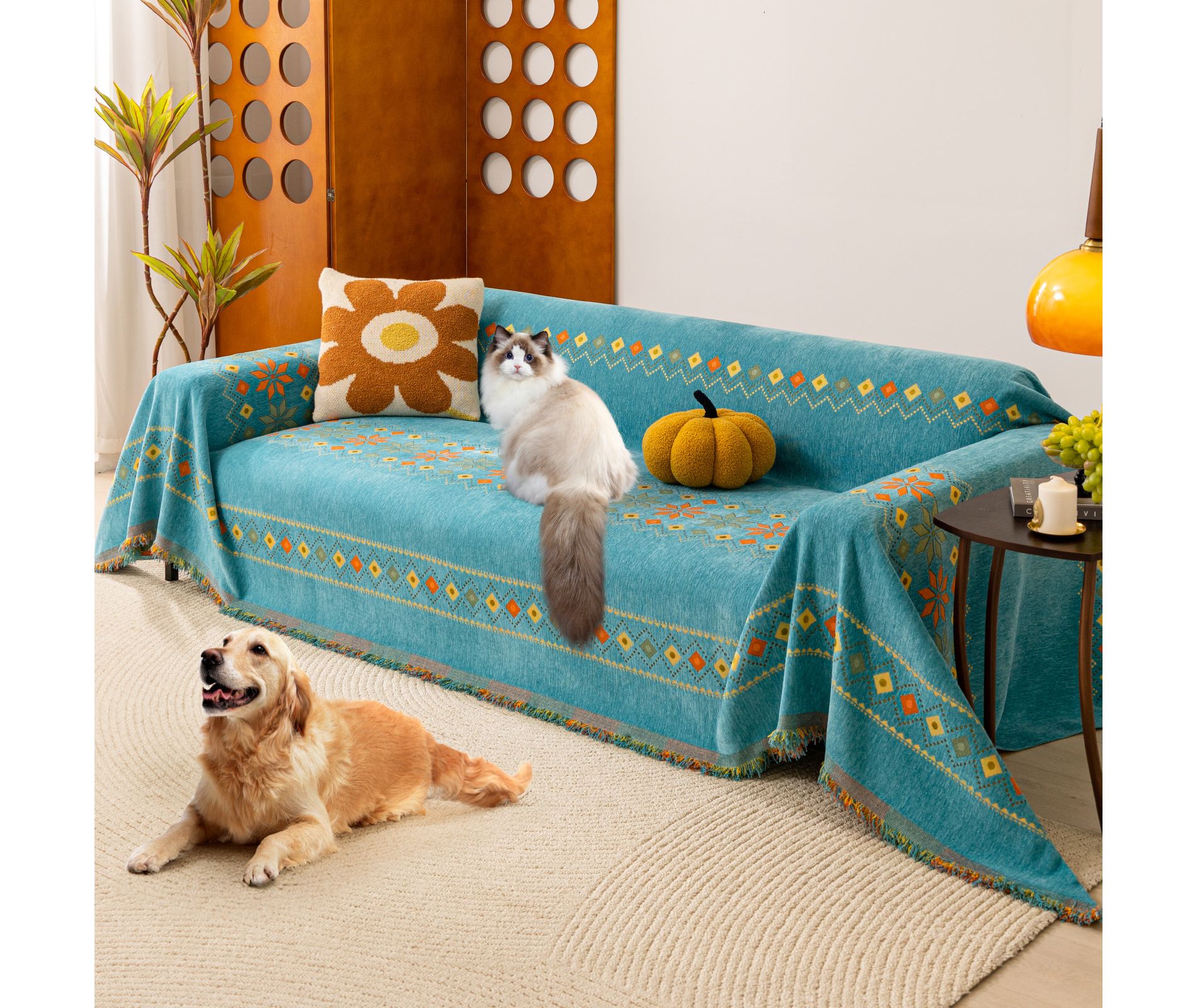 Bekrvio Soft Chenille Couch Covers for Pets Washable Tassel Sofa Blanket Slipcover Cat Scratch Proof Couch Protector, 71'' x 134'' Green