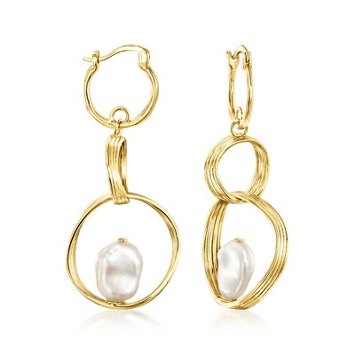 Ross-Simons 5-9mm Cultured Pearl Multi-Hoop Drop Earrings in 18kt Gold Over Sterling