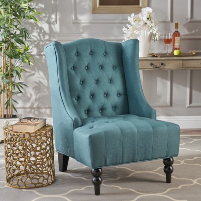 Upholstered Wingback Chair with Turned Birch Wood Legs, Button-Tufted Diamond Stitch, and Contemporary Design