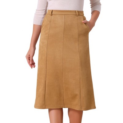 INSPIRE CHIC Women's Faux Suede Elastic High Waist A-line With Pockets Midi Skirt