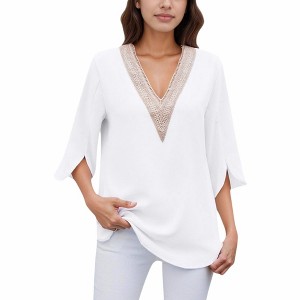 Anna-Kaci Women's V-Neck Blouse with Lace Trim Detail and 3/4 Split Sleeves Relaxed Fit - 1 of 4