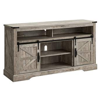 OKD 60-Inch Sliding Barn Door Wooden Farmhouse Highboy TV Table Stand Media Console Table with Adjustable Shelf and 150 Lb Capacity, Rustic Light Oak