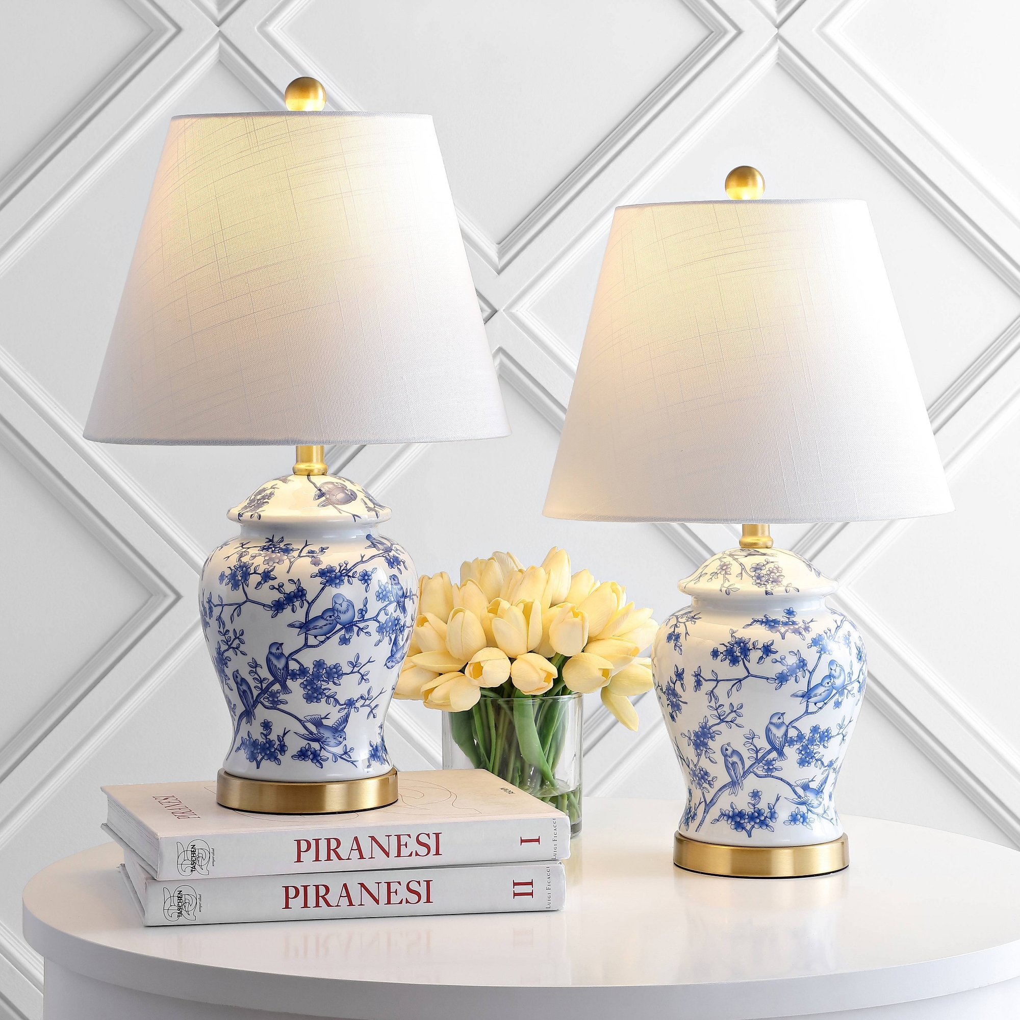 22" (Set of 2) Penelope Chinoiserie Table Lamps (Includes LED Light Bulb) Blue/White - JONATHAN Y: Ceramic Empire Shade
