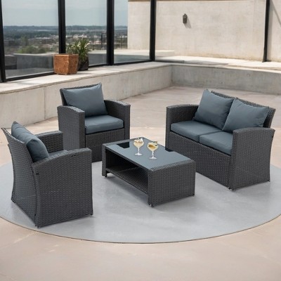 ELJGET 4 Pieces Patio Conversation Set, Outside Rattan Sectional Sofa Furniture Set with Cushion for Garden, Porch, Backyard, Grey