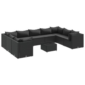 vidaXL 10 Piece Patio Lounge Set - Cushions, Black Poly Rattan - Outdoor/Deck/Garden Furniture - Modular Design with Tempered Glass Table - 1 of 4
