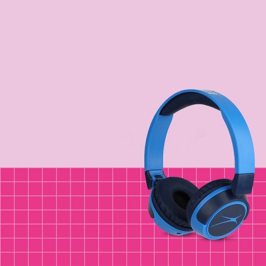 Blue headphones on pink grid layout background