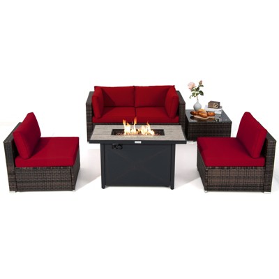 Tangkula 6 Pieces Outdoor PE Rattan Wicker Sectional Sofa with 42" 60,000 BTU Gas Fire Pit Table, Patio Conversation Set with Tempered Glass Coffee Table Black/Navy Blue/Red/Turquoise/Off White