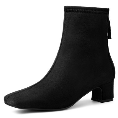 BLISSFUL STEP Women's Block Heels Square Toe Back Zip Ankle Boots