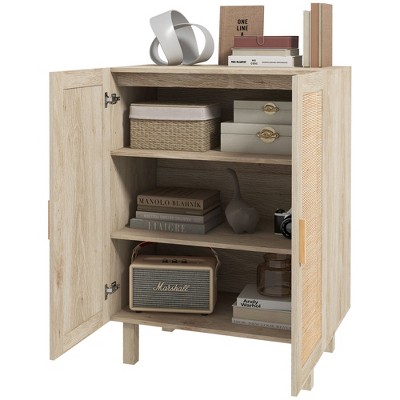 Natural MDF Storage Cabinet with Rattan Doors and Adjustable Shelves