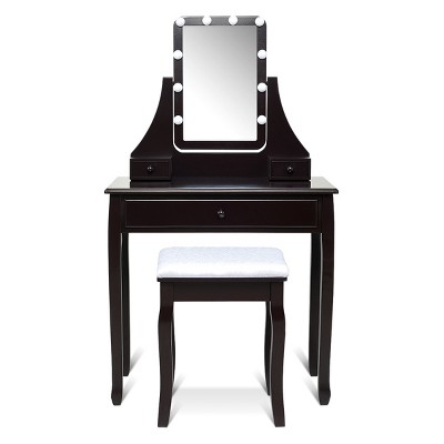 Tangkula Make-Up Vanity Table Dresser Set w/LED Light & Padded Stool