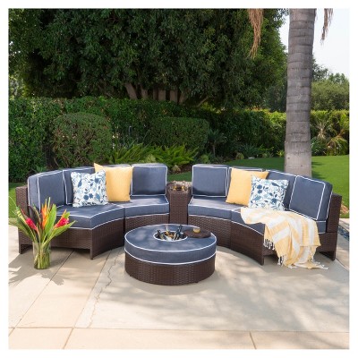 Madras Zanzibar 6pc 1/2 Round All-Weather Wicker Patio Seating Set w/ Ice Bucket Ottoman - Navy Blue - Christopher Knight Home