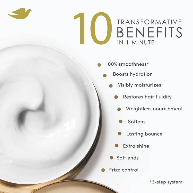 Text reads: "10 Transformational Benefits in 1 Minute: 100% smoothness, Boosts hydration, Visibly moisturizes, Restores hair fluidity, Weightless nourishment, Softens, Lasting bounce, Extra shine, Soft ends, Frizz control." 