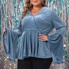 Women's Plus Size Velvet Texture Wrap V Neck Ruffle Hem Long Bell Sleeve Peplum Blouses - Agnes Orinda - 2 of 4