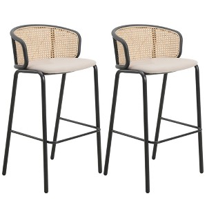 LeisureMod Ervilla Mid-Century Modern Wicker Bar Stool with Fabric Seat and Black Powder Coated Steel Frame, Set of 2 - 1 of 4