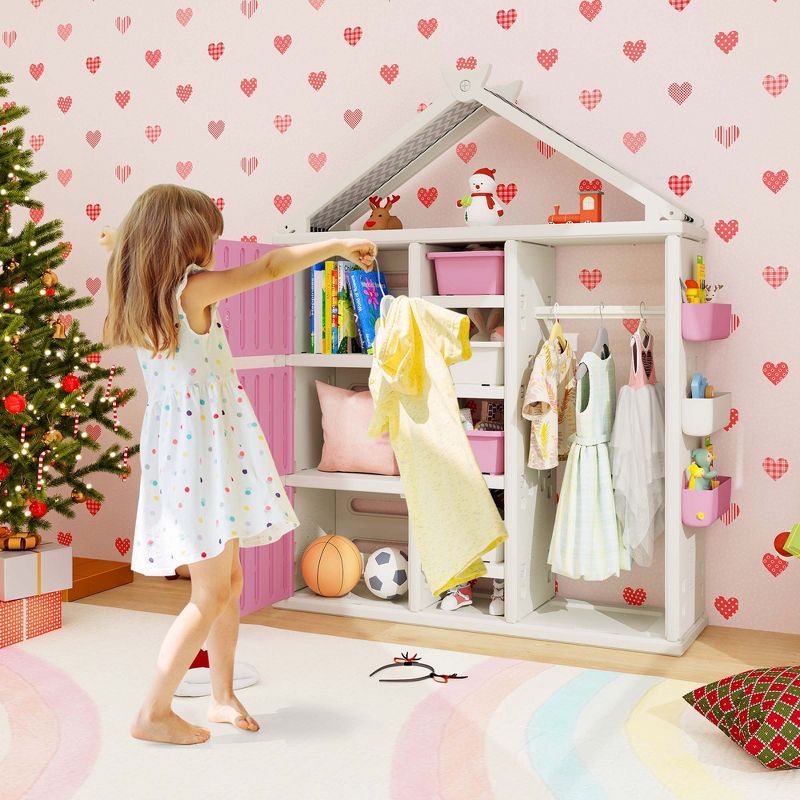 Costway Kids Costume Storage Closet Children Pretend Dresser with Storage Bins Shelves Grey/Pink/White, 4 of 11