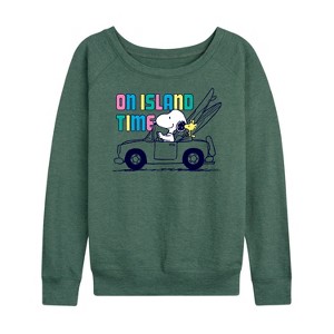 Women's - Peanuts - On Island Time Lightweight French Terry Wide Neck Long Sleeve Shirt - 1 of 4