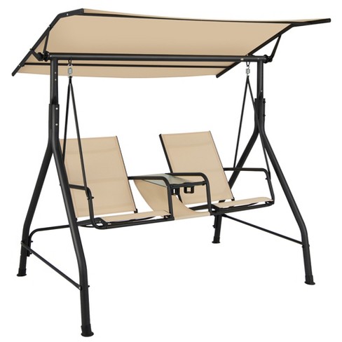 Costway 2 Seat Outdoor Patio Swing Adjustable Canopy Tempered Glass Table Top Cup Holder Beige