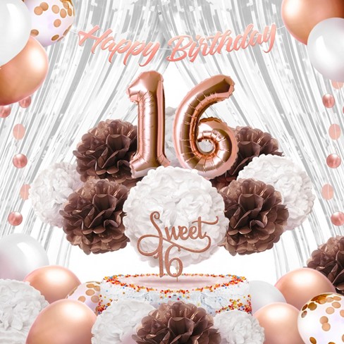 Epiqueone 41-piece Rose Gold Sweet 16 Birthday Decoration For Girls   Includes Happy Birthday Banner, Cake Topper, Tissue Pom Poms & More : Target