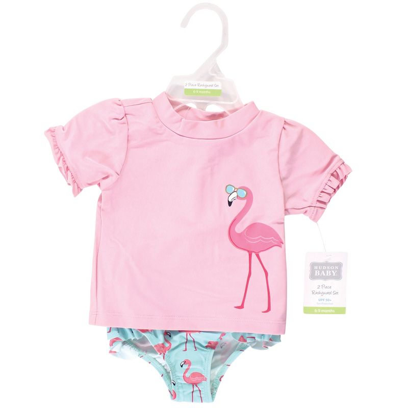 Hudson Baby Infant and Toddler Girl Swim Rashguard Set, Flamingo, 3 of 6