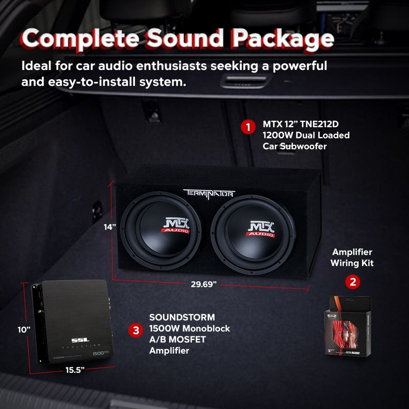 MTX TNE212D 12" 1200 Watt 4 Ohm Dual Loaded Car Audio Subwoofer Package with Sub Enclosure, Sound Storm EV 1500W Monoblock A/B Amplifier & Wiring Kit, 5 of 7