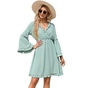 WhizMax 2024 Long Sleeve Dress for Women Wrap V-Neck Bell Sleeve A-line Knee Length Dress Ruffle Flowy Swing Dresses - 1 of 4