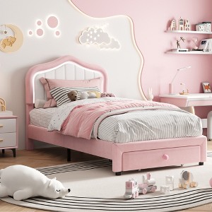 Upholstered Bed Frame With Storage Drawer and Smart Led Headboard, Princess Twin Size Platform Bed Frames for Kids/Girls - 1 of 4