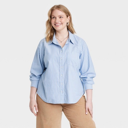 Women's Long Sleeve Collared Button-down Shirt - Universal Thread™ Blue  Striped 2x : Target