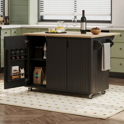 51" Fluted Kitchen Island with Drop Leaf, Rolling Kitchen Island With Storage, Kitchen Island on Wheels with Towel Rack for Kitchen Dining Room