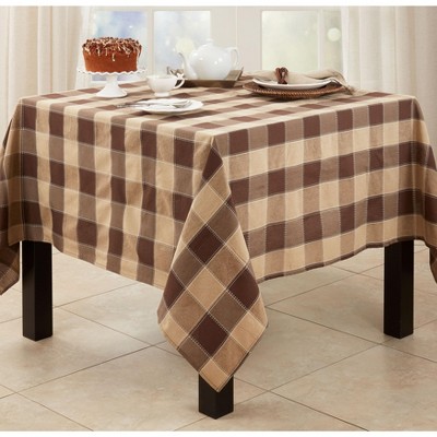 Mocha Stitched Plaid Cotton Blend Tablecloth, 70"